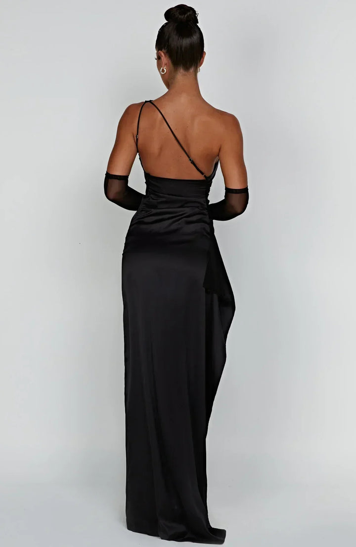 Damen Satin Maxikleid | Festlich & Elegant — Ein-Schulter, Beinschlitz, fließend