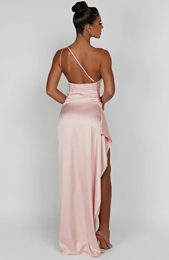 Damen Satin Maxikleid | Festlich & Elegant — Ein-Schulter, Beinschlitz, fließend