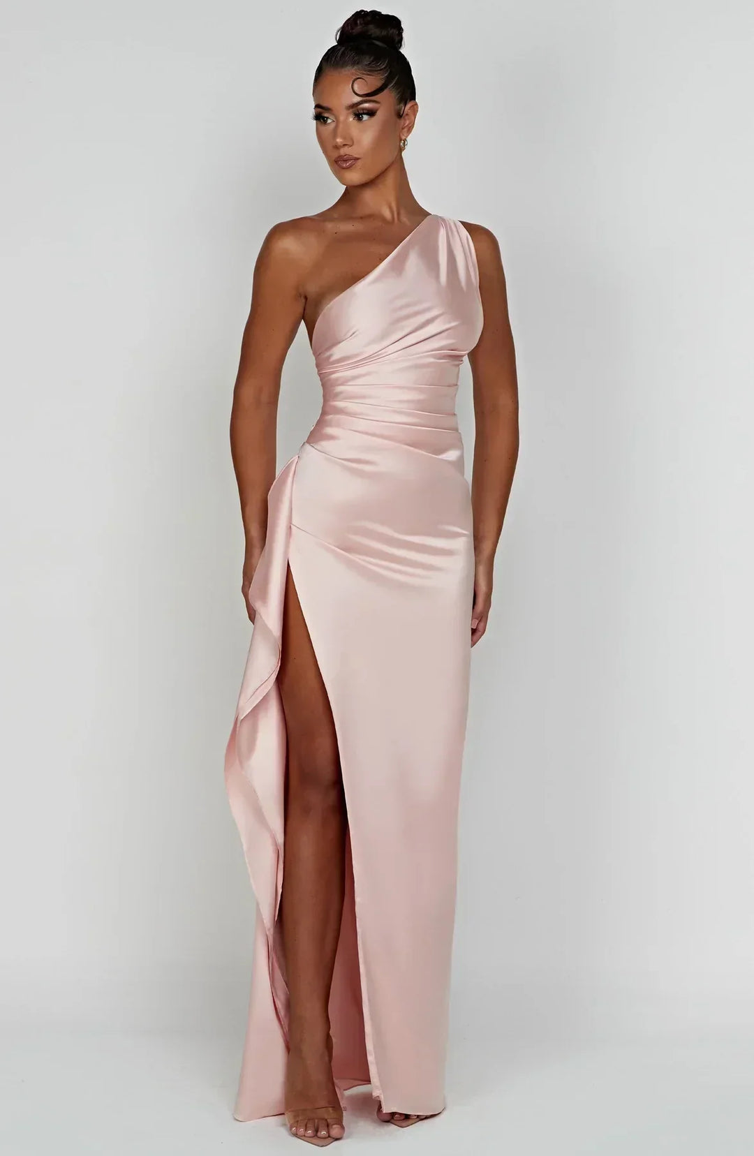Damen Satin Maxikleid | Festlich & Elegant — Ein-Schulter, Beinschlitz, fließend