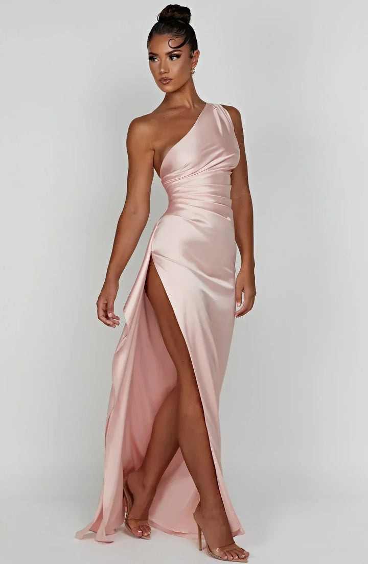 Damen Satin Maxikleid | Festlich & Elegant — Ein-Schulter, Beinschlitz, fließend