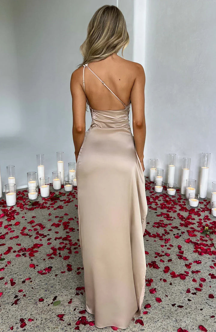 Damen Satin Maxikleid | Festlich & Elegant — Ein-Schulter, Beinschlitz, fließend