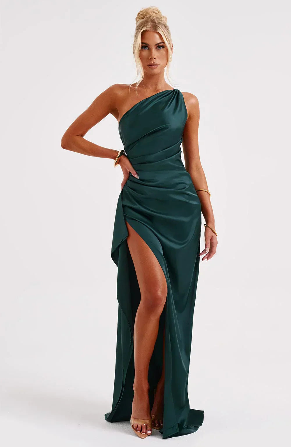 Damen Satin Maxikleid | Festlich & Elegant — Ein-Schulter, Beinschlitz, fließend
