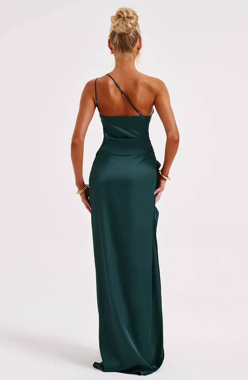 Damen Satin Maxikleid | Festlich & Elegant — Ein-Schulter, Beinschlitz, fließend