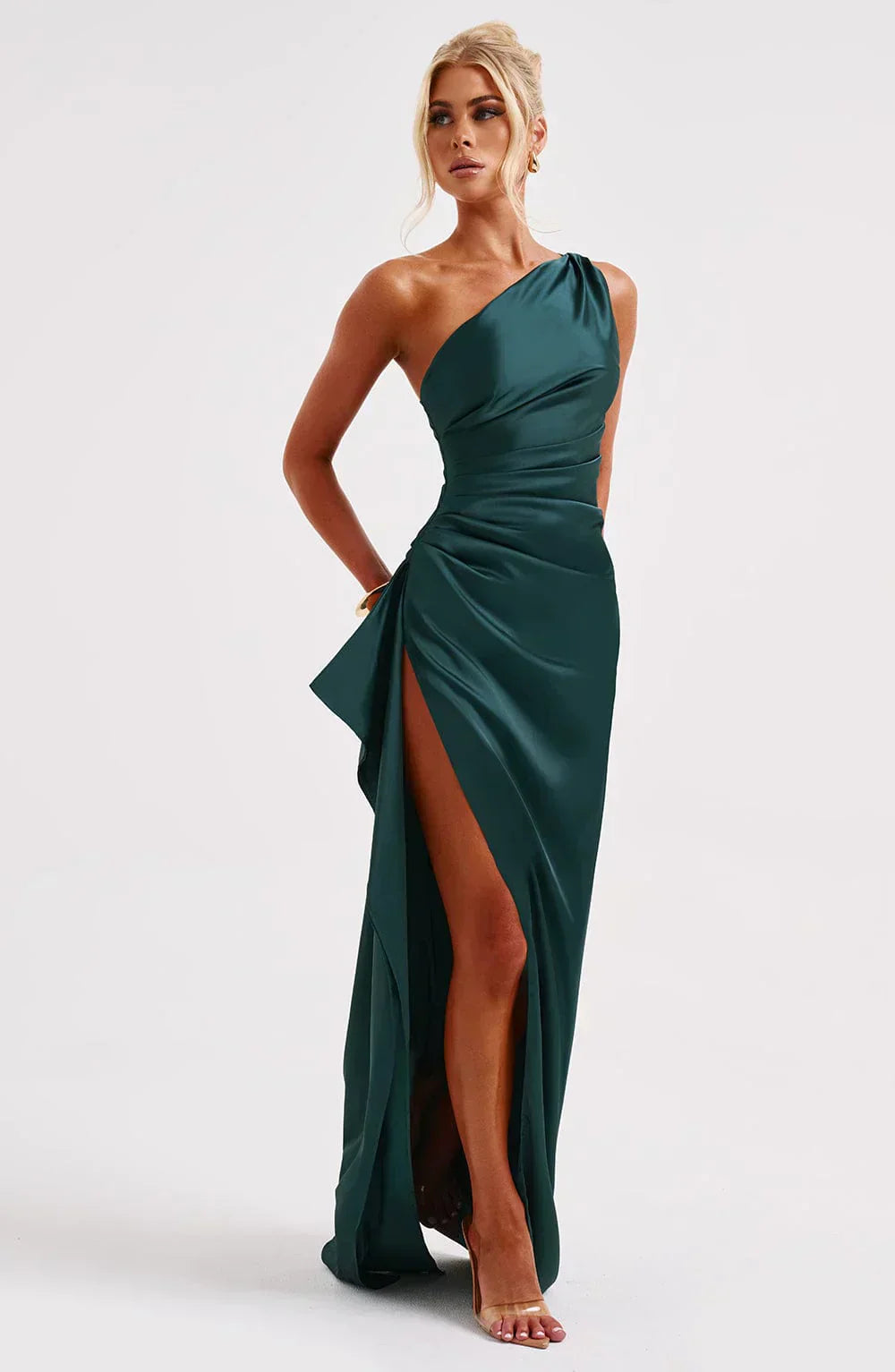 Damen Satin Maxikleid | Festlich & Elegant — Ein-Schulter, Beinschlitz, fließend