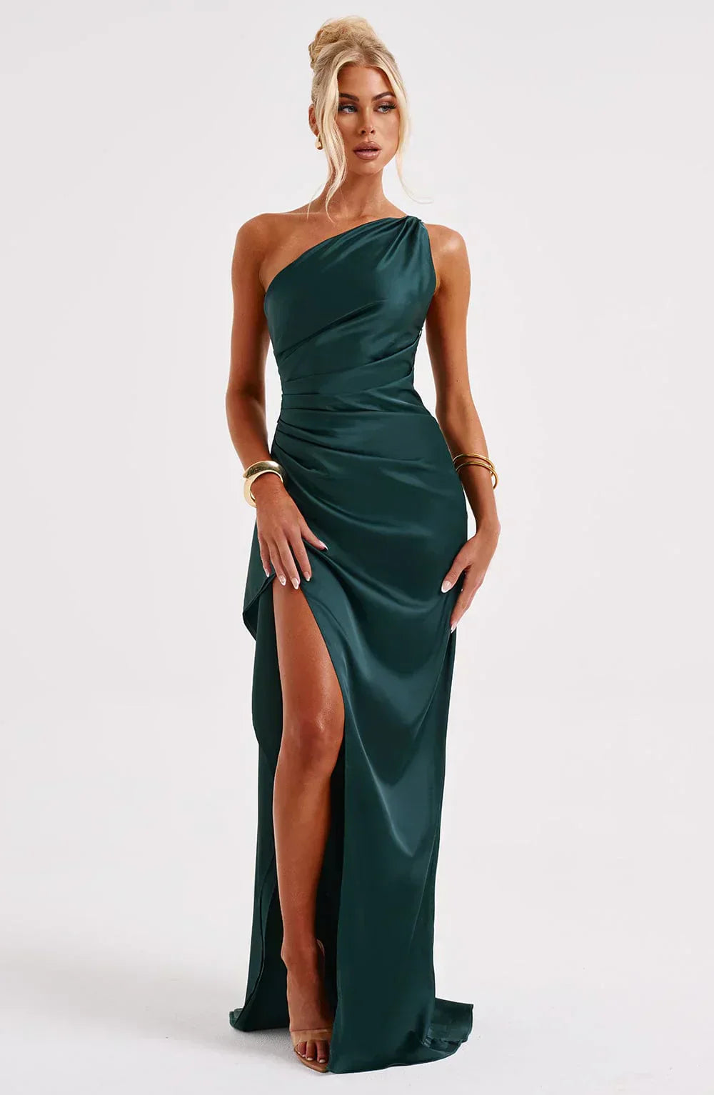 Damen Satin Maxikleid | Festlich & Elegant — Ein-Schulter, Beinschlitz, fließend