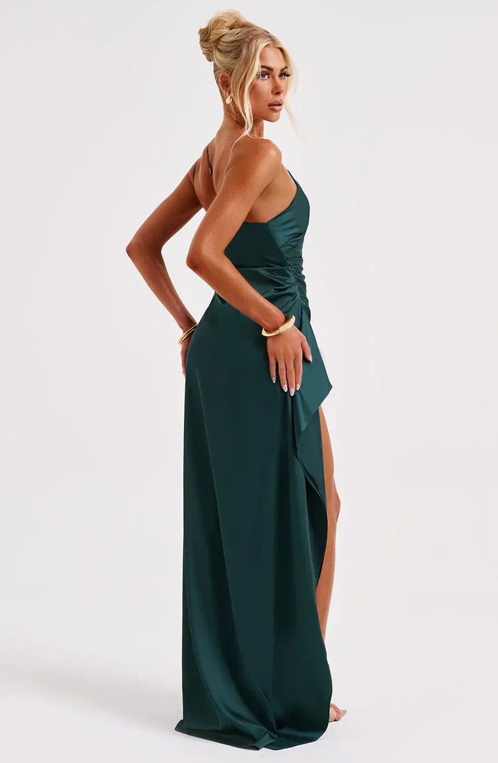 Damen Satin Maxikleid | Festlich & Elegant — Ein-Schulter, Beinschlitz, fließend
