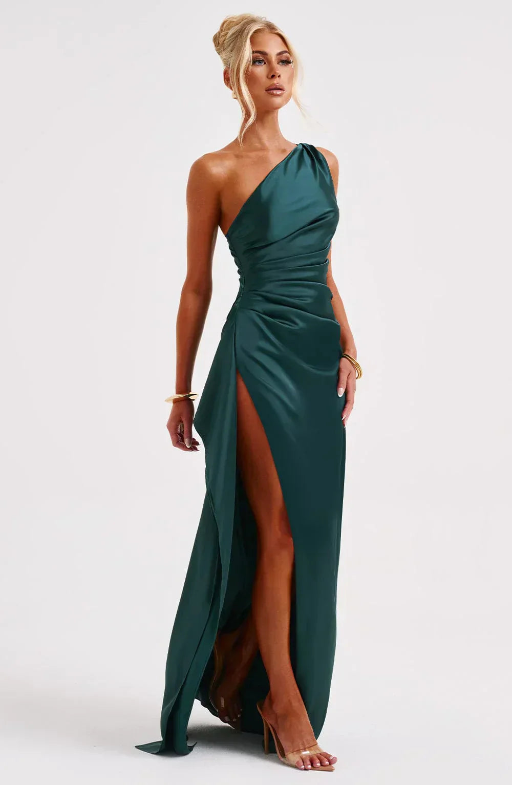 Damen Satin Maxikleid | Festlich & Elegant — Ein-Schulter, Beinschlitz, fließend