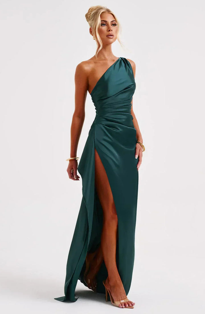 Damen Satin Maxikleid | Festlich & Elegant — Ein-Schulter, Beinschlitz, fließend