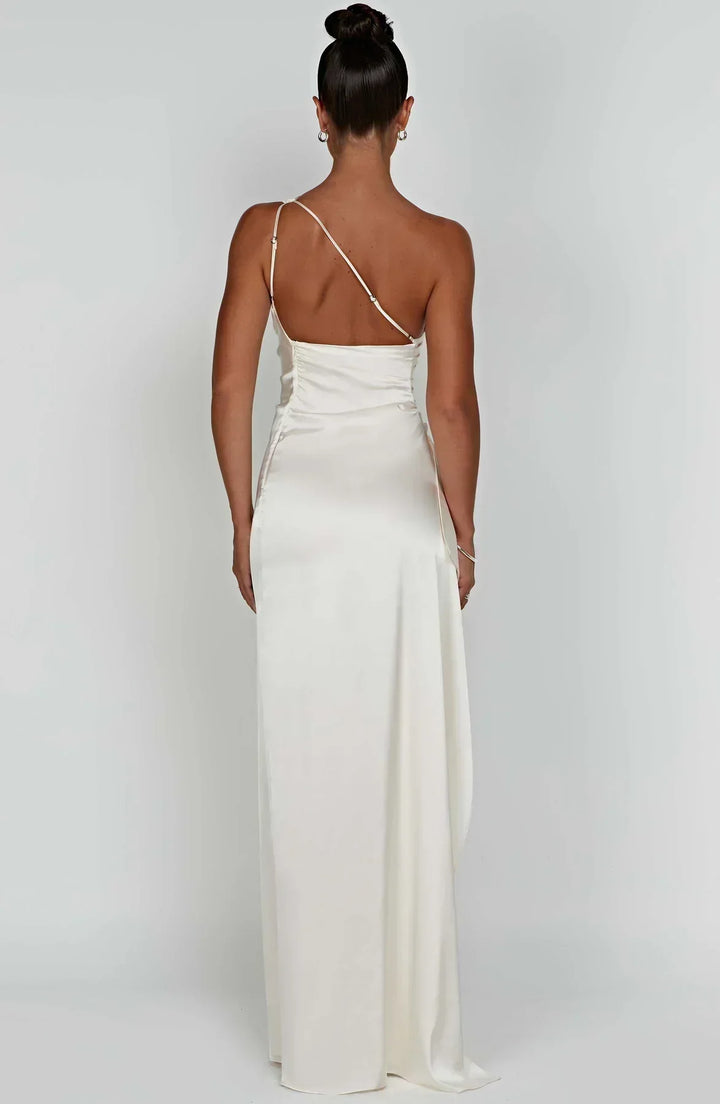 Damen Satin Maxikleid | Festlich & Elegant — Ein-Schulter, Beinschlitz, fließend