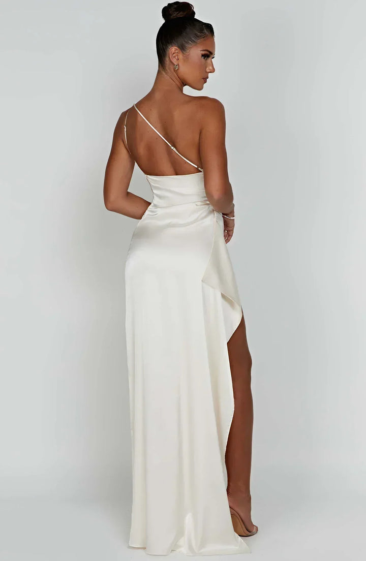 Damen Satin Maxikleid | Festlich & Elegant — Ein-Schulter, Beinschlitz, fließend