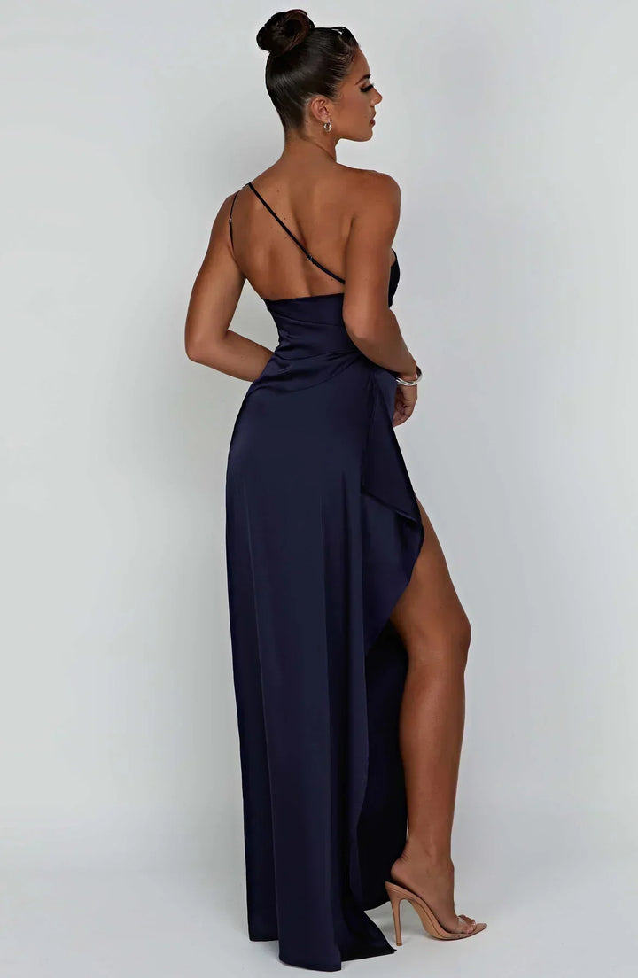 Damen Satin Maxikleid | Festlich & Elegant — Ein-Schulter, Beinschlitz, fließend