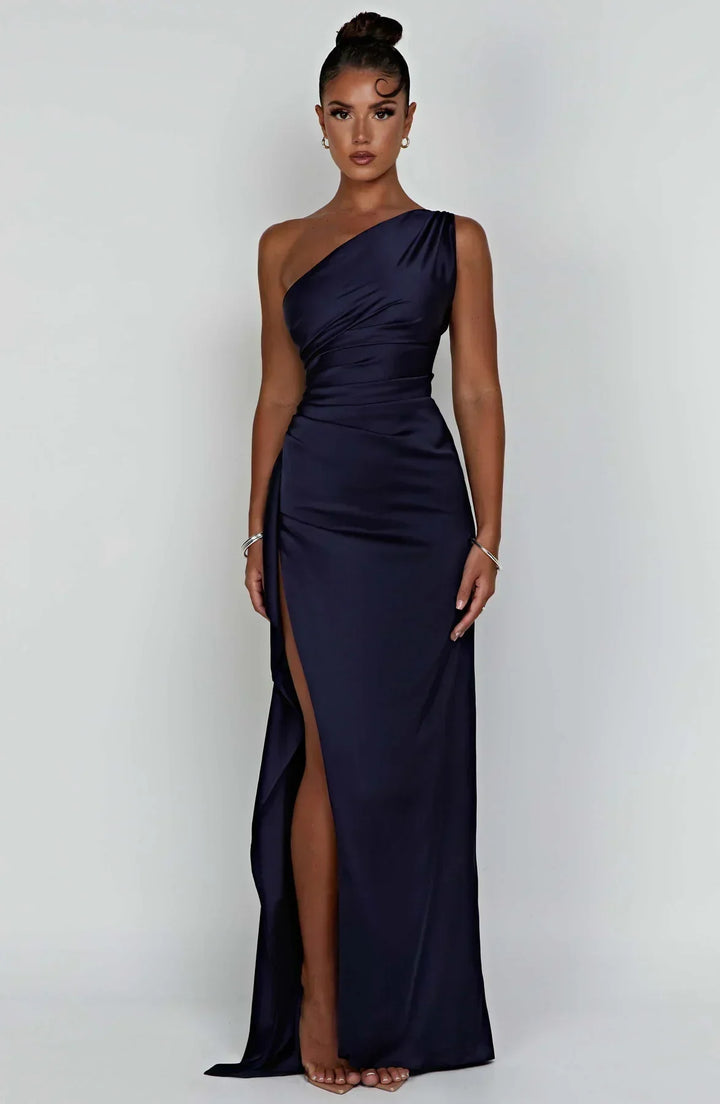 Damen Satin Maxikleid | Festlich & Elegant — Ein-Schulter, Beinschlitz, fließend