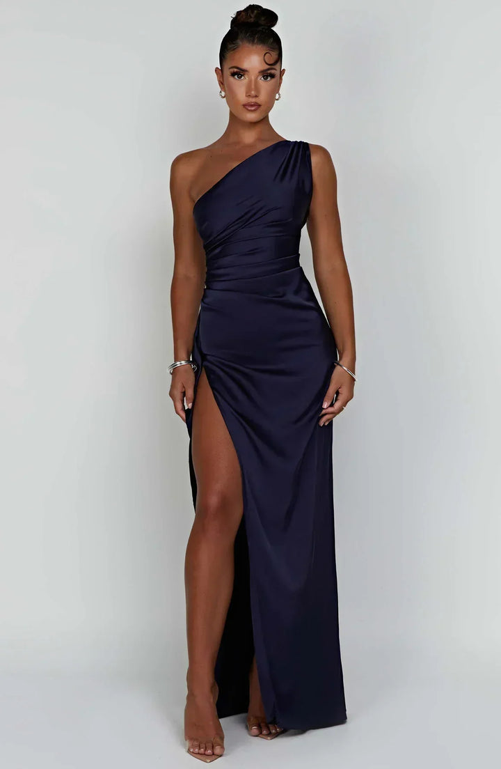 Damen Satin Maxikleid | Festlich & Elegant — Ein-Schulter, Beinschlitz, fließend