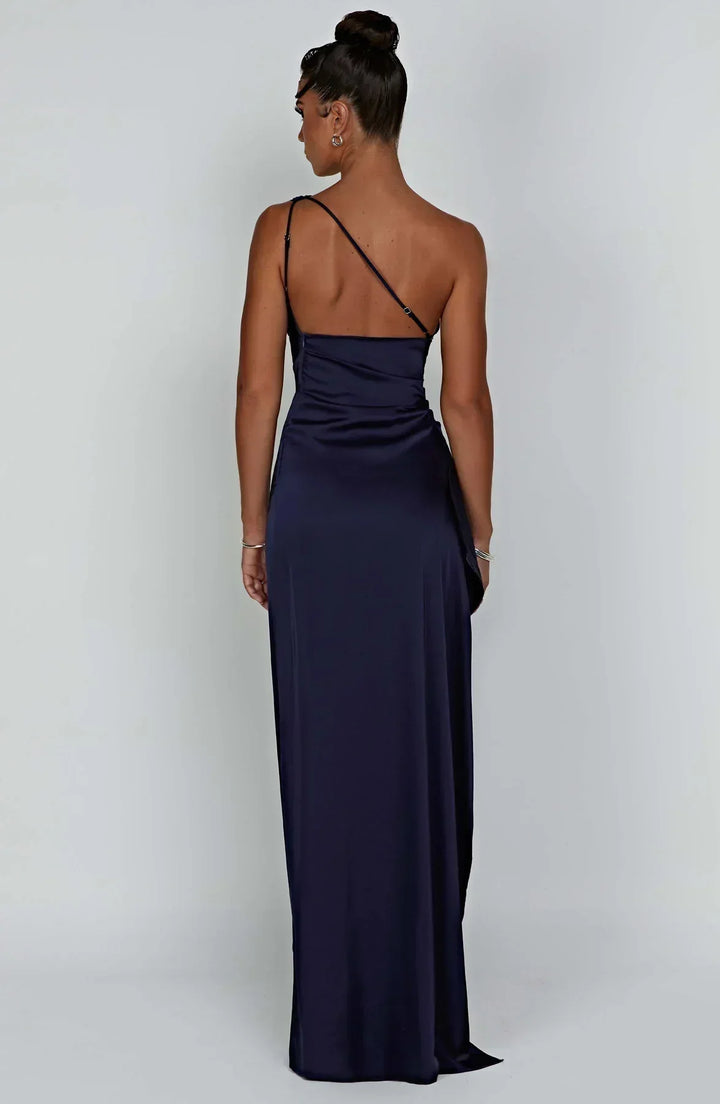 Damen Satin Maxikleid | Festlich & Elegant — Ein-Schulter, Beinschlitz, fließend