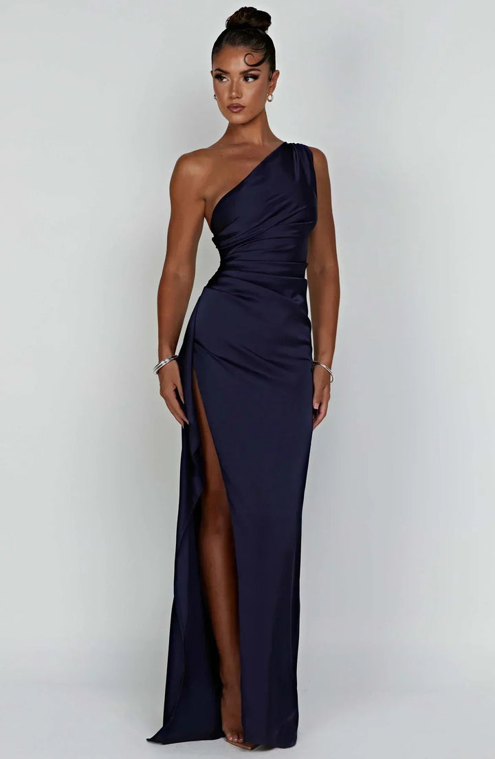 Damen Satin Maxikleid | Festlich & Elegant — Ein-Schulter, Beinschlitz, fließend