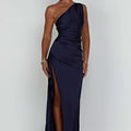Damen Satin Maxikleid | Festlich & Elegant — Ein-Schulter, Beinschlitz, fließend
