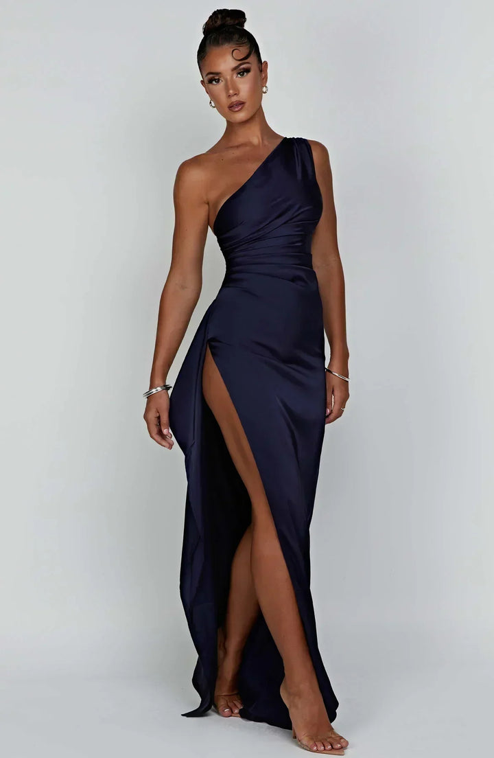 Damen Satin Maxikleid | Festlich & Elegant — Ein-Schulter, Beinschlitz, fließend