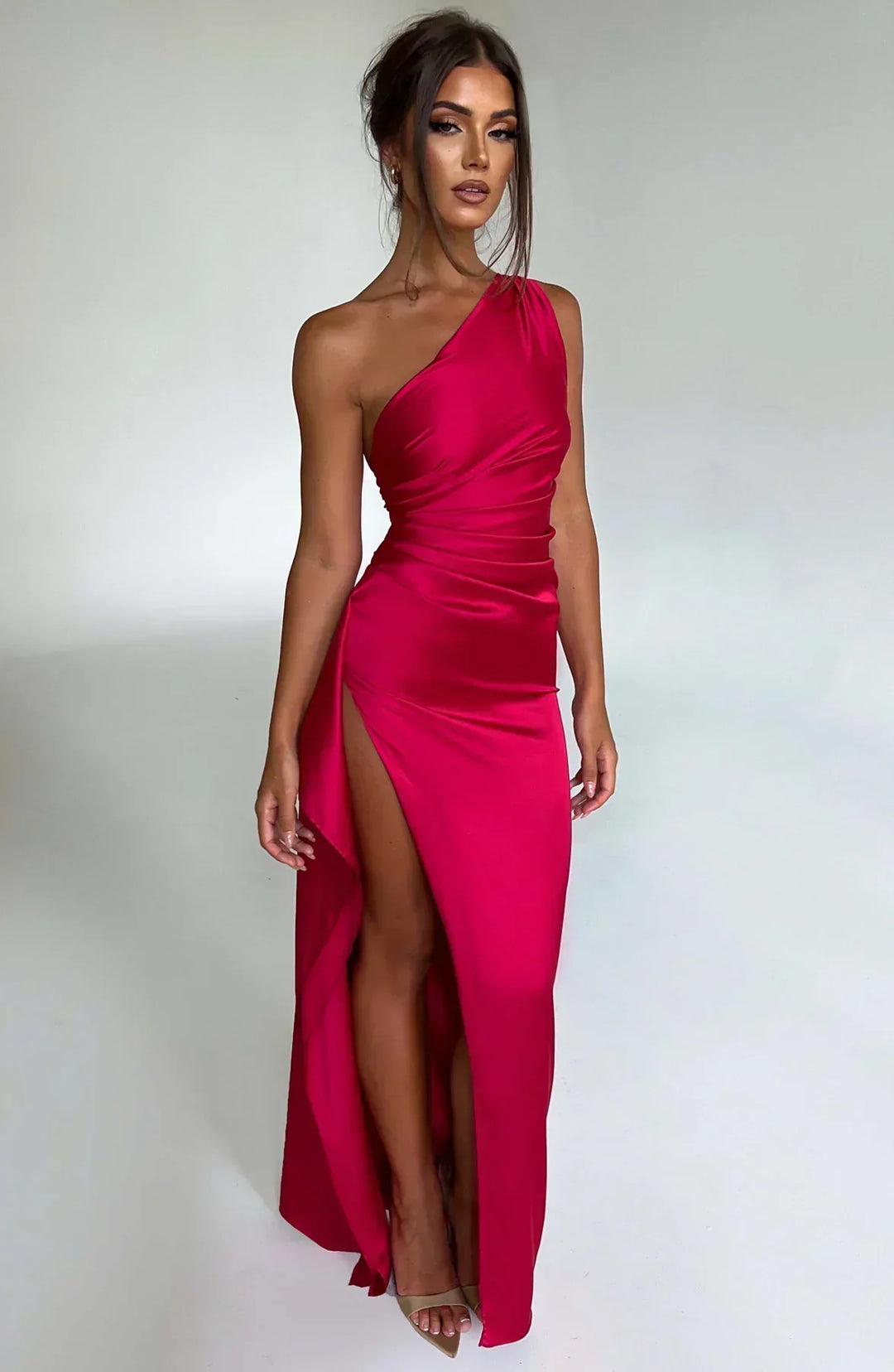 Damen Satin Maxikleid | Festlich & Elegant — Ein-Schulter, Beinschlitz, fließend