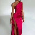 Damen Satin Maxikleid | Festlich & Elegant — Ein-Schulter, Beinschlitz, fließend