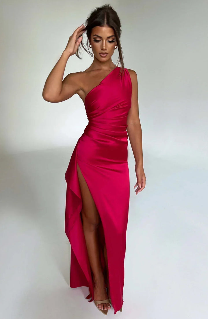 Damen Satin Maxikleid | Festlich & Elegant — Ein-Schulter, Beinschlitz, fließend