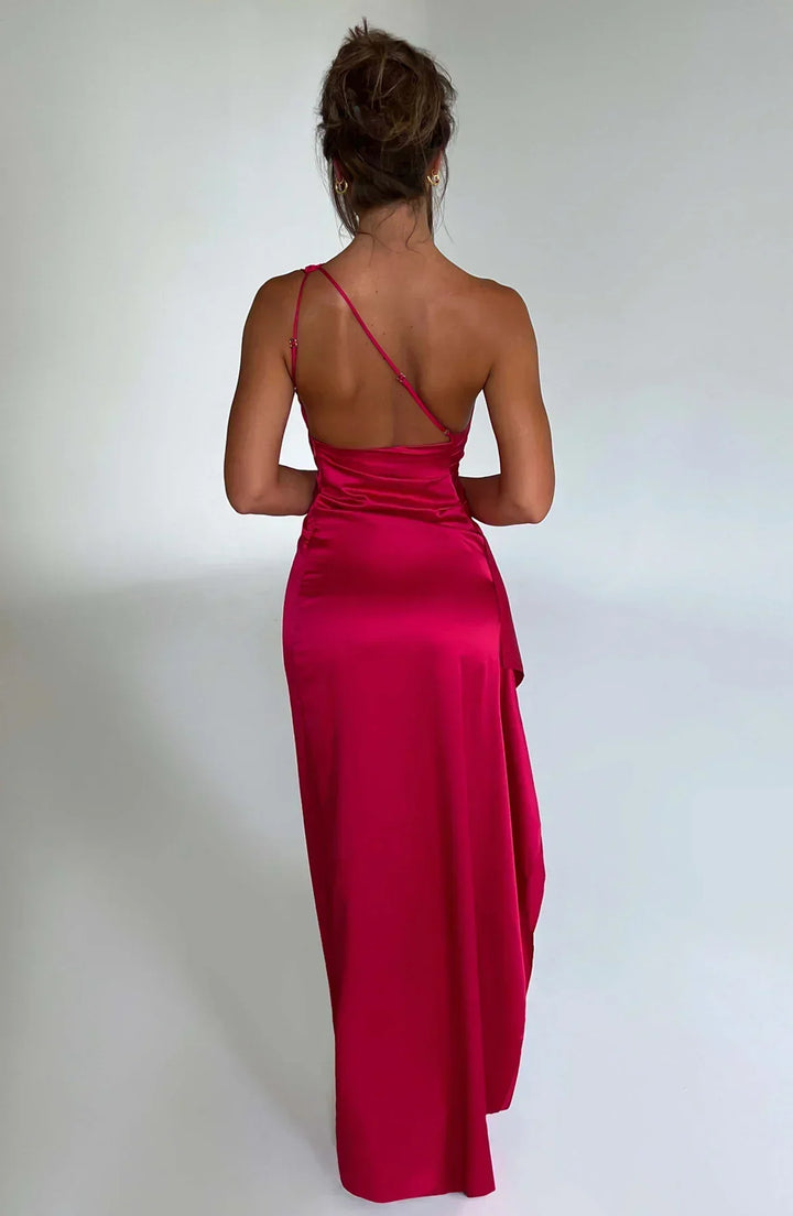 Damen Satin Maxikleid | Festlich & Elegant — Ein-Schulter, Beinschlitz, fließend