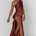 Damen Satin Maxikleid | Festlich & Elegant — Ein-Schulter, Beinschlitz, fließend