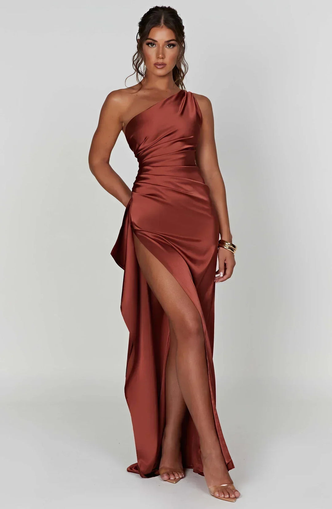 Damen Satin Maxikleid | Festlich & Elegant — Ein-Schulter, Beinschlitz, fließend