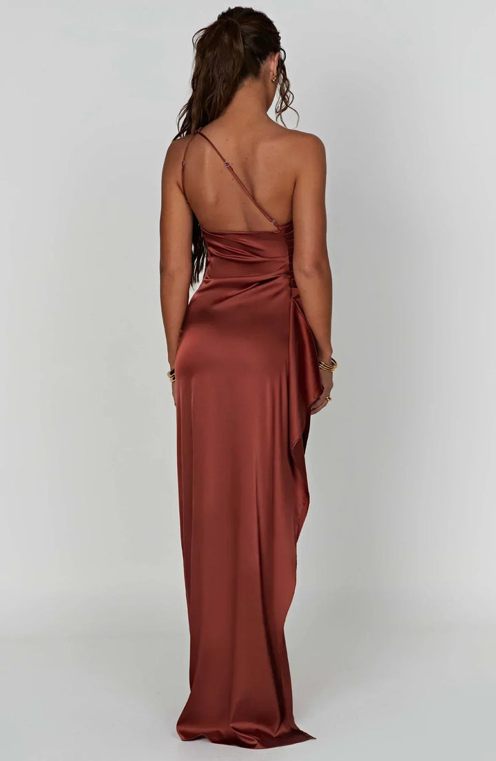 Damen Satin Maxikleid | Festlich & Elegant — Ein-Schulter, Beinschlitz, fließend