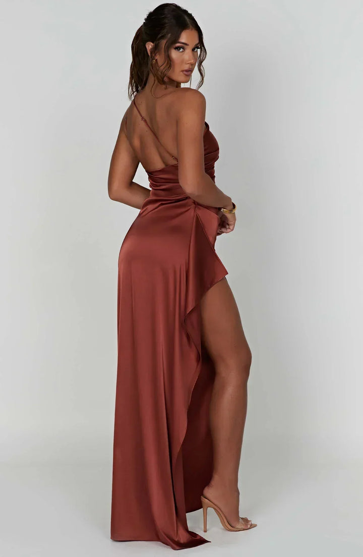 Damen Satin Maxikleid | Festlich & Elegant — Ein-Schulter, Beinschlitz, fließend