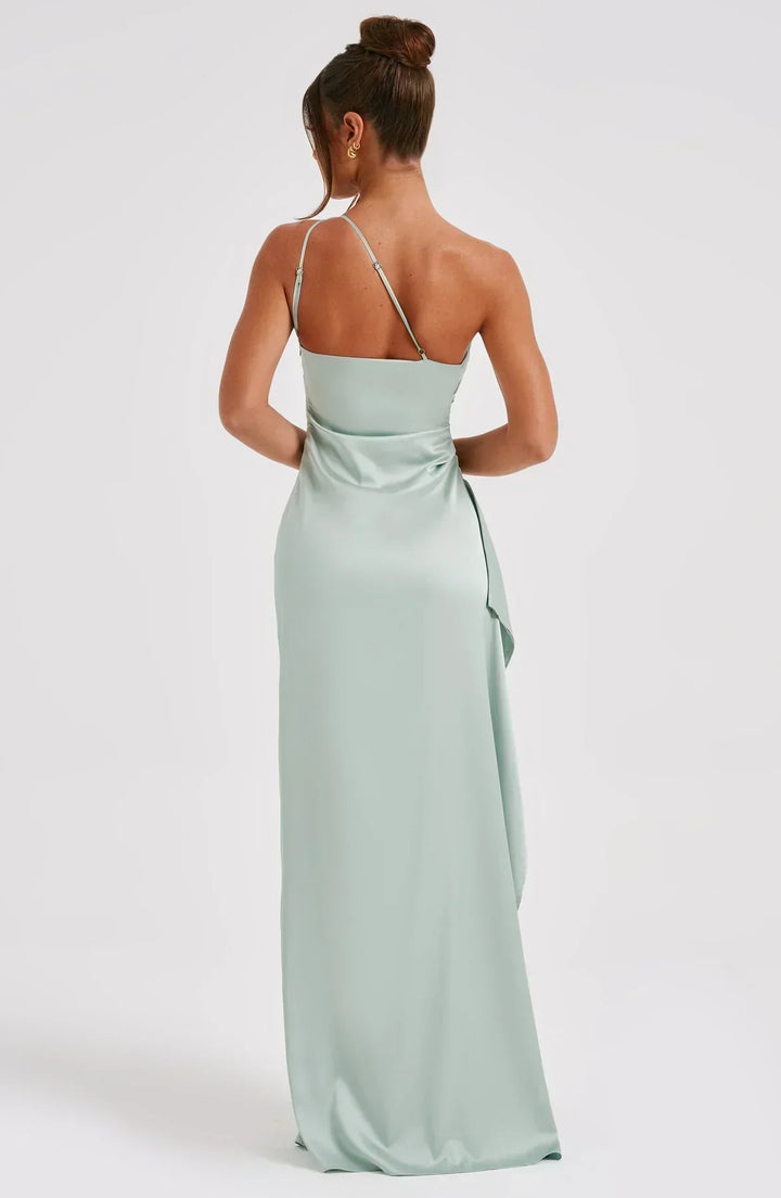 Damen Satin Maxikleid | Festlich & Elegant — Ein-Schulter, Beinschlitz, fließend
