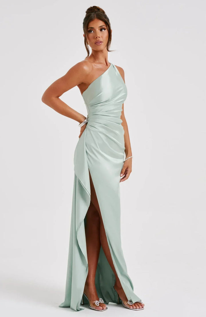 Damen Satin Maxikleid | Festlich & Elegant — Ein-Schulter, Beinschlitz, fließend