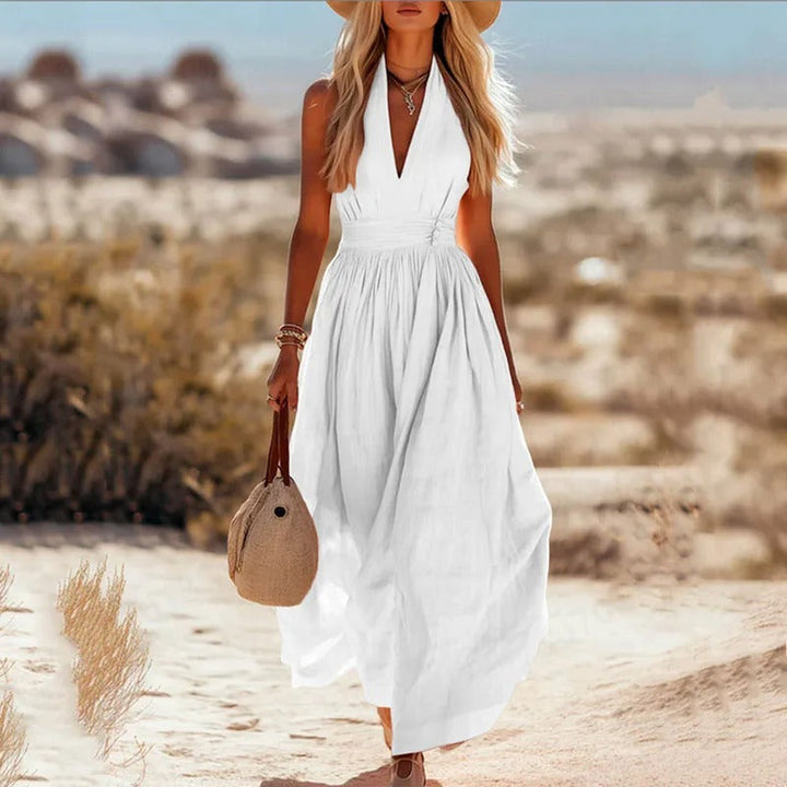 Damen Boho Neckholder Maxi Leinen-Kleid