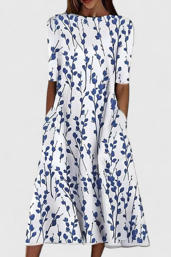 Damen Baumwolle A-Linie Blumen Rundhals Midi-Kleid