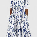 Damen Baumwolle A-Linie Blumen Rundhals Midi-Kleid