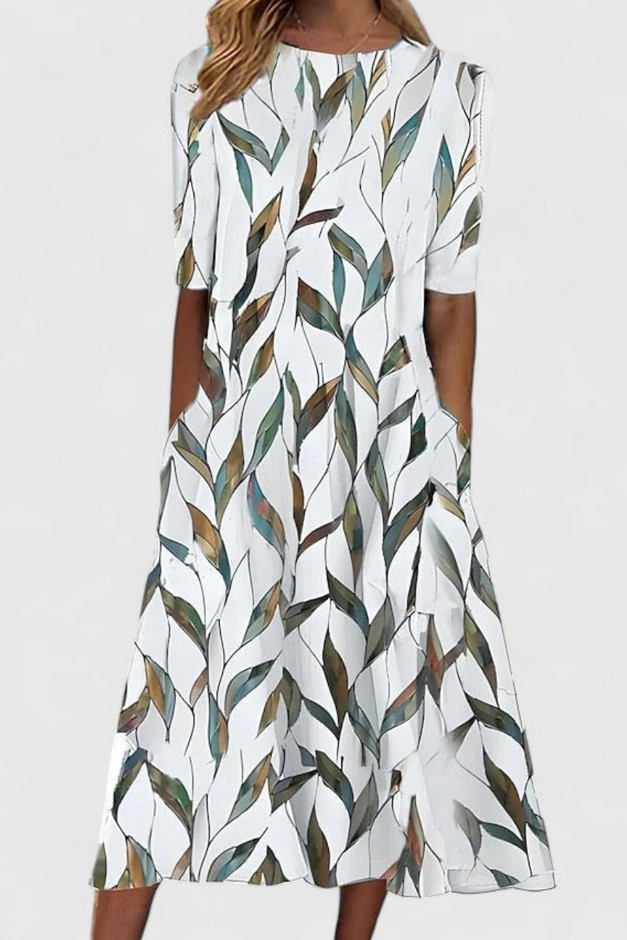 Damen Baumwolle A-Linie Blumen Rundhals Midi-Kleid