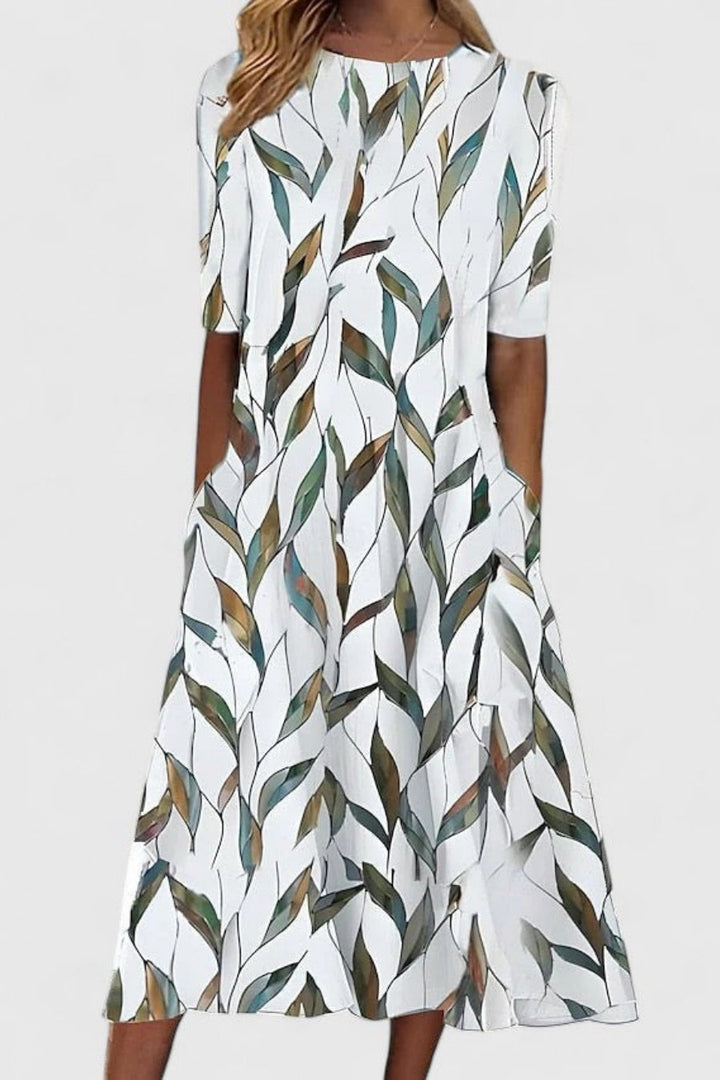 Damen Baumwolle A-Linie Blumen Rundhals Midi-Kleid