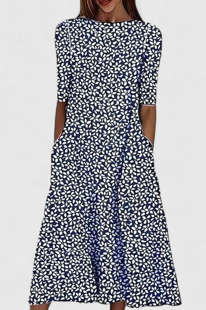 Damen Baumwolle A-Linie Blumen Rundhals Midi-Kleid