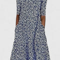 Damen Baumwolle A-Linie Blumen Rundhals Midi-Kleid