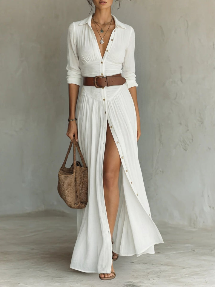 Damen Boho Maxi-Hemdblusenkleid mit Knopfleiste Gürtel