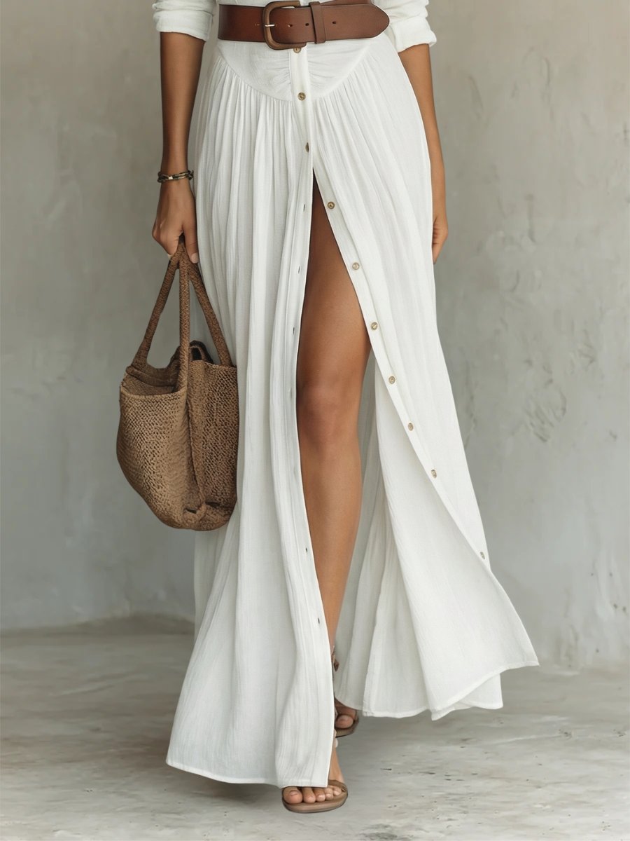 Damen Boho Maxi-Hemdblusenkleid mit Knopfleiste Gürtel