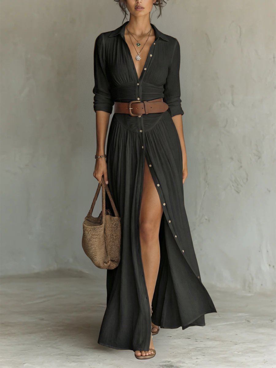 Damen Boho Maxi-Hemdblusenkleid mit Knopfleiste Gürtel