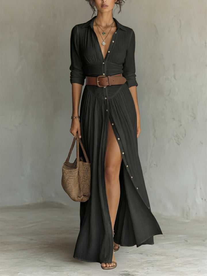 Damen Boho Maxi-Hemdblusenkleid mit Knopfleiste Gürtel