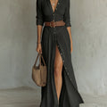 Damen Boho Maxi-Hemdblusenkleid mit Knopfleiste Gürtel