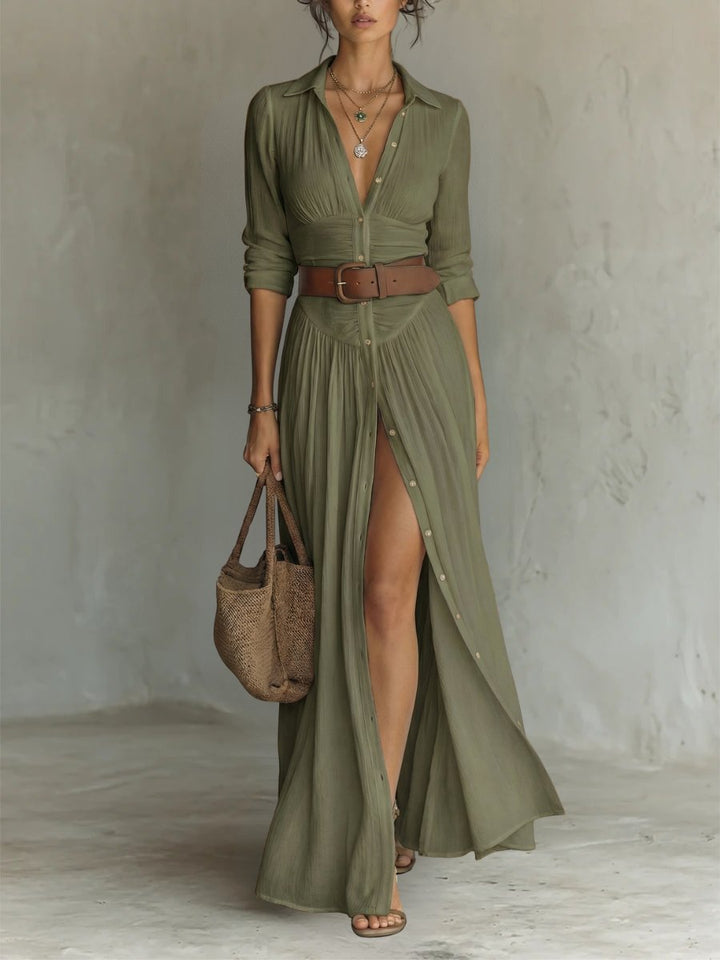 Damen Boho Maxi-Hemdblusenkleid mit Knopfleiste Gürtel
