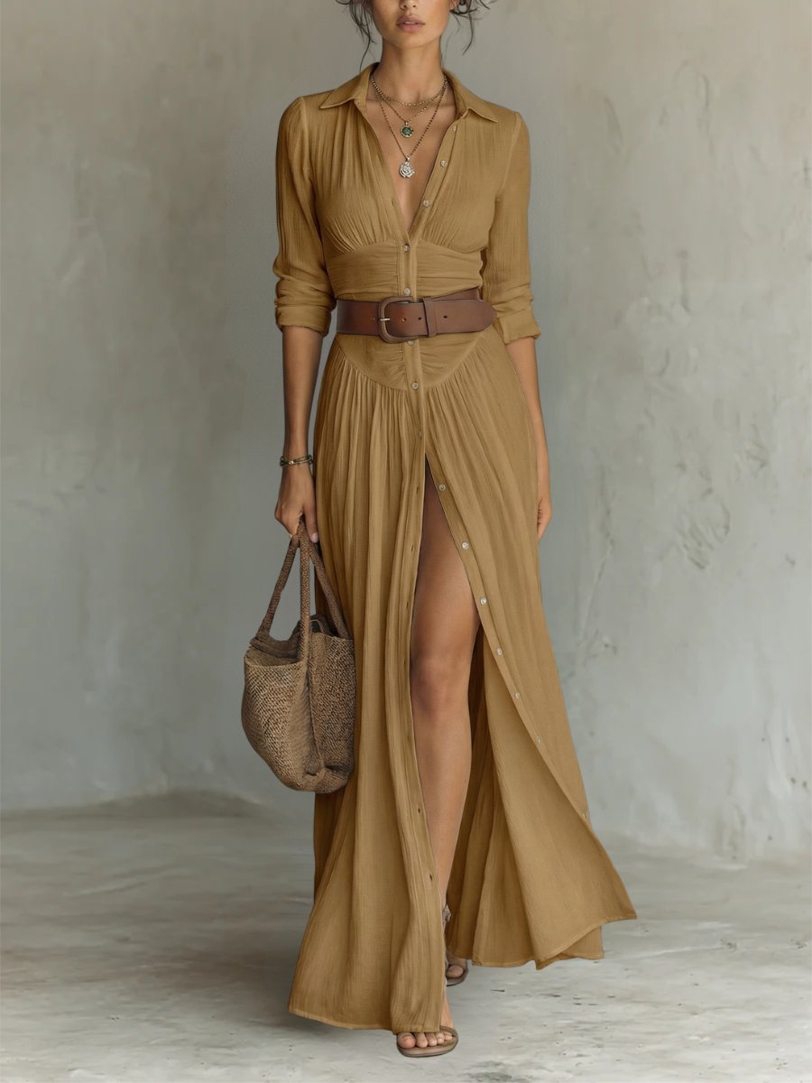 Damen Boho Maxi-Hemdblusenkleid mit Knopfleiste Gürtel