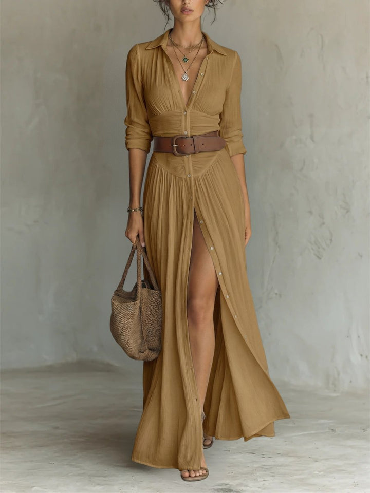Damen Boho Maxi-Hemdblusenkleid mit Knopfleiste Gürtel