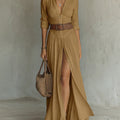 Damen Boho Maxi-Hemdblusenkleid mit Knopfleiste Gürtel
