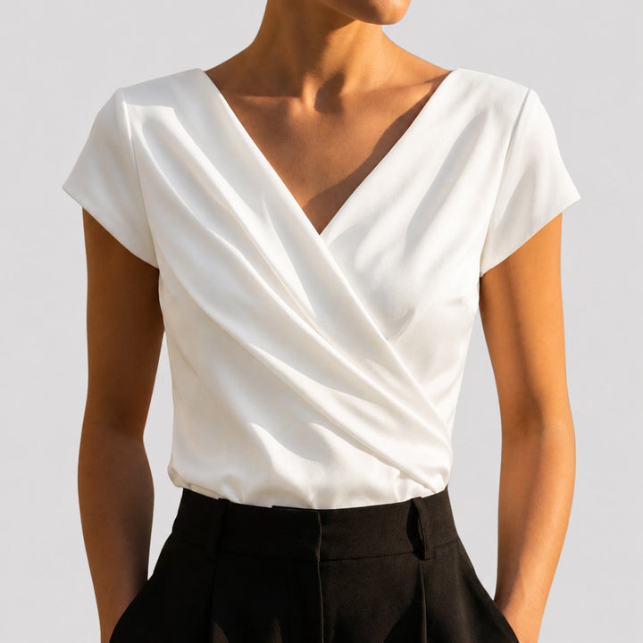 Damen Kurzarm-Wickelbluse mit Drapierung und V-Ausschnitt
