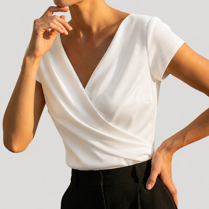 Damen Kurzarm-Wickelbluse mit Drapierung und V-Ausschnitt