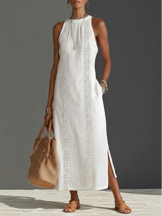 Damen Ärmellos Bestickt Midi-Kleid